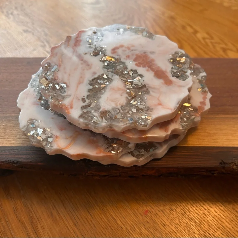 Handmade resin coasters, marble effect with crushed glass, tan, white, brown